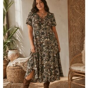 Sami & Jo Plus 1X Boho Paisley Midi Dress Lace Up Stretch Cottagecore